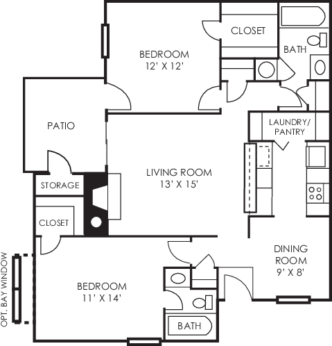 Bradford two bedroom floorplan at Woodland Park Apartment Homes, Greensboro, North Carolina